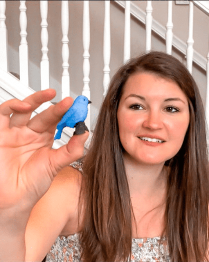 woman holding blue bird figurine