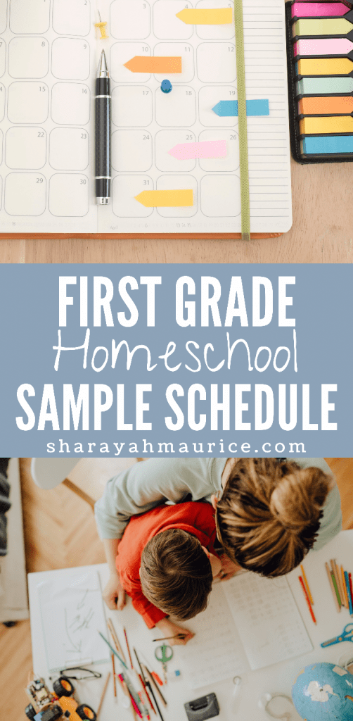 monthly calendar notebook flagged with sticky notes and an overhead picture of a mom and son having a homeschool lesson
