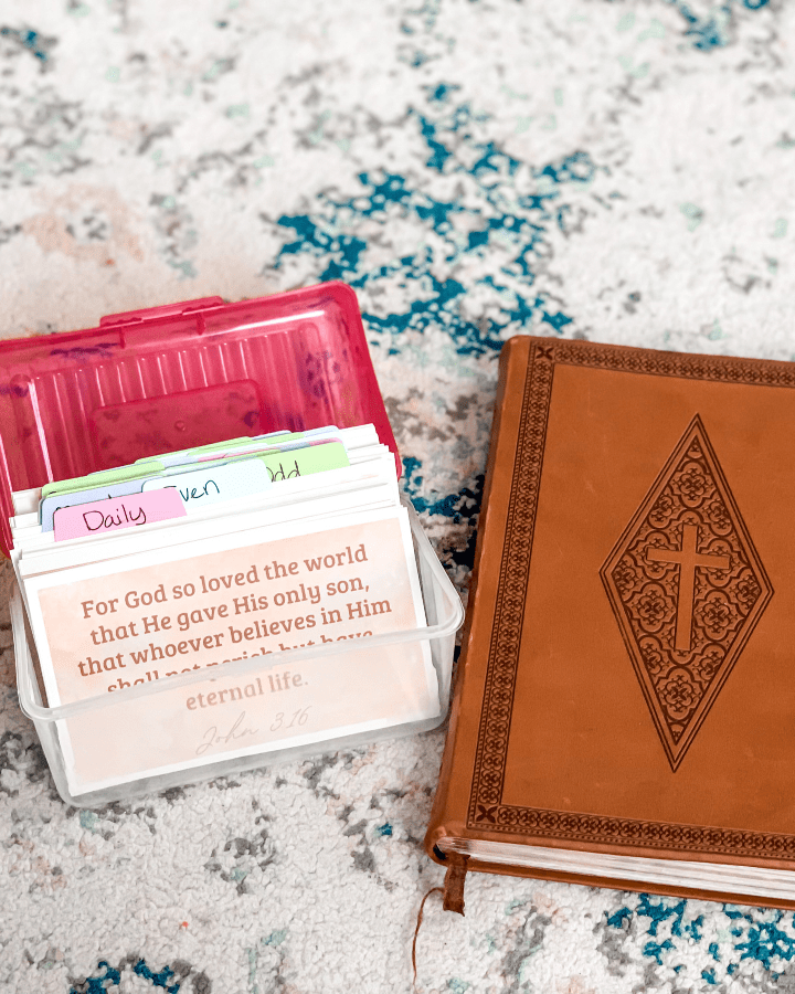 scripture memory box next to the Bible