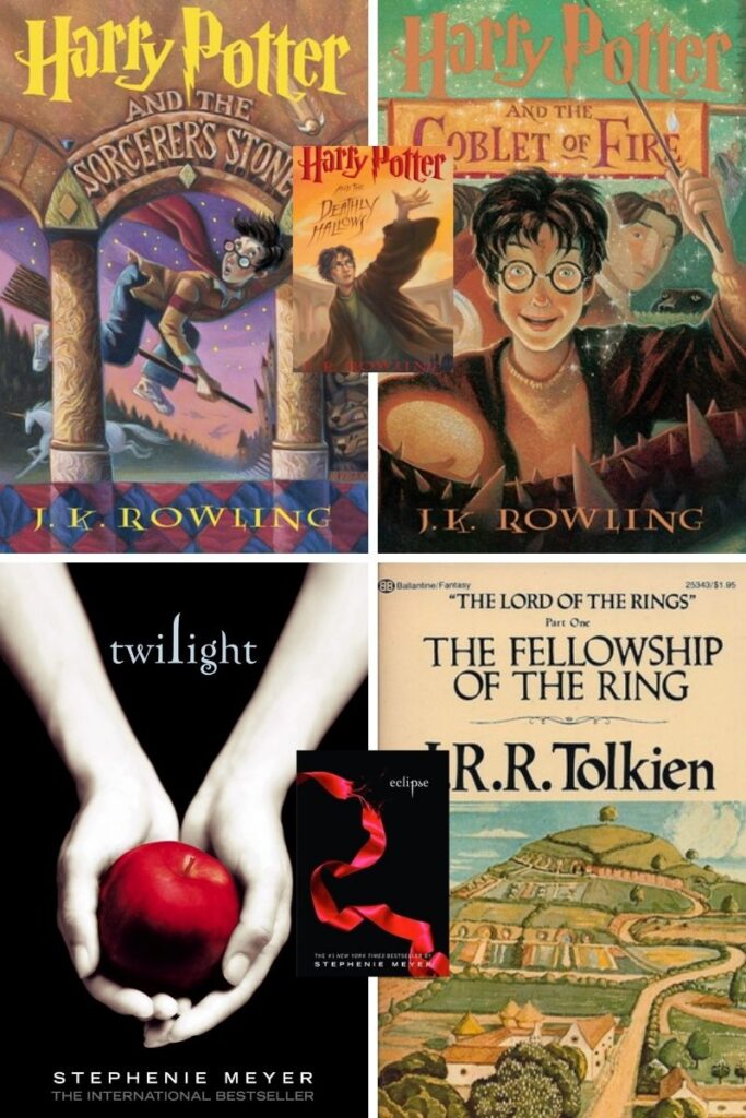 Collage graphic featuring covers from the Harry Potter series, Twilight and Lord of the Rings books.