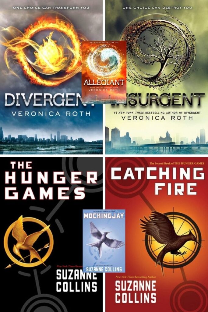 Collage graphic featuring covers from the Divergent series, and The Hunger Games books.