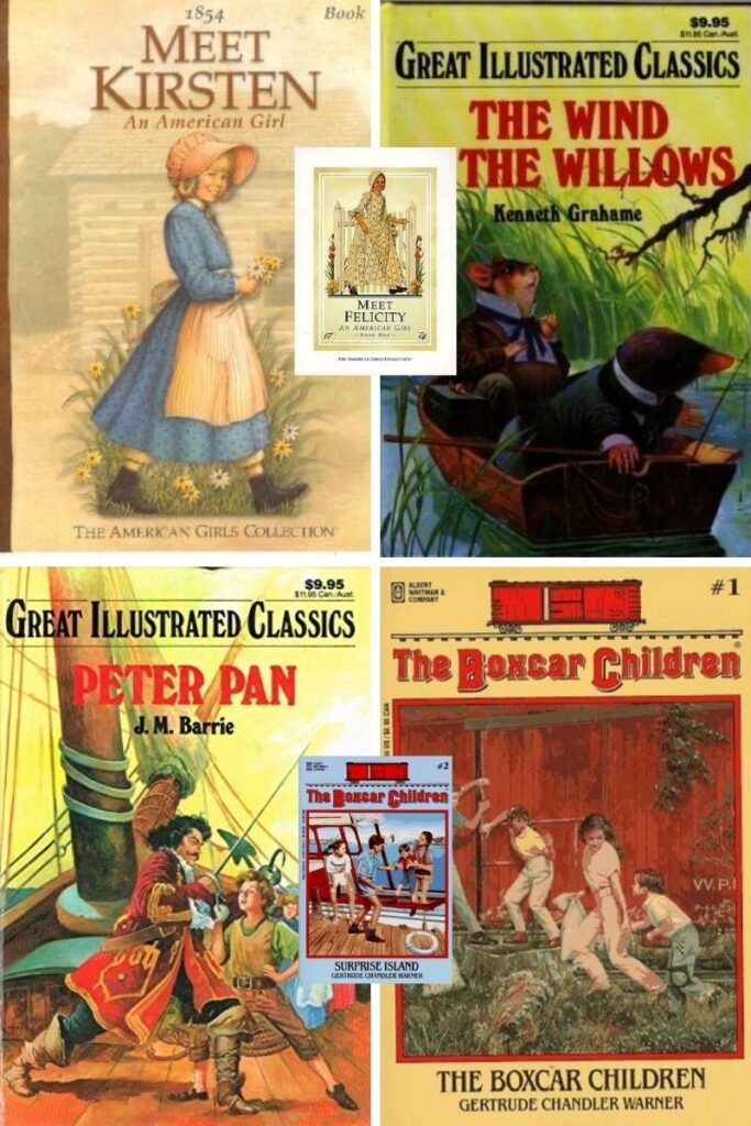 Collage graphic featuring covers from the American Girl series, The Boxcar Children and Great Illustrated Classics books.
