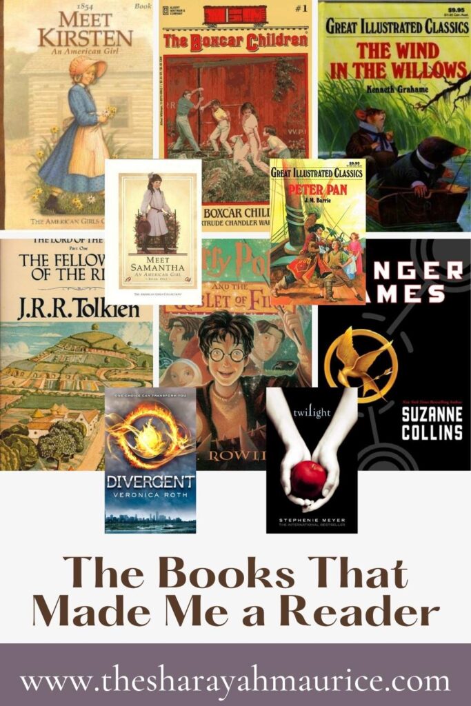 Collage graphic featuring covers from the American Girl series, The Boxcar Children, Great Illustrated Classics books, The Hunger Games, Twilight, Harry Potter and Lord of the Rings books.