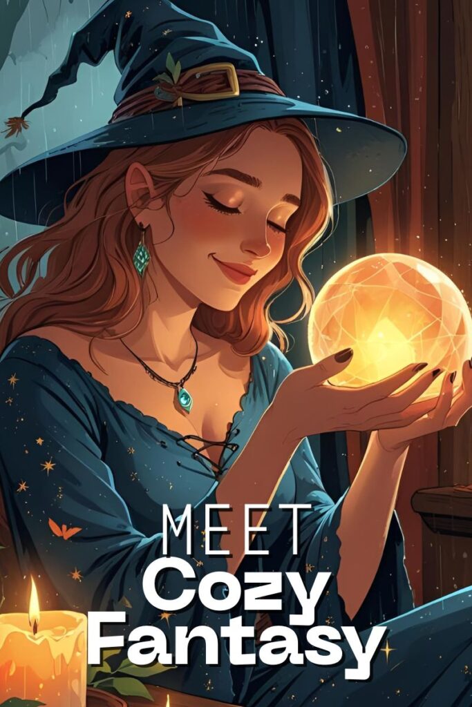AI-generated image of a witch smiling at a crystal ball as cozy fantasy personified