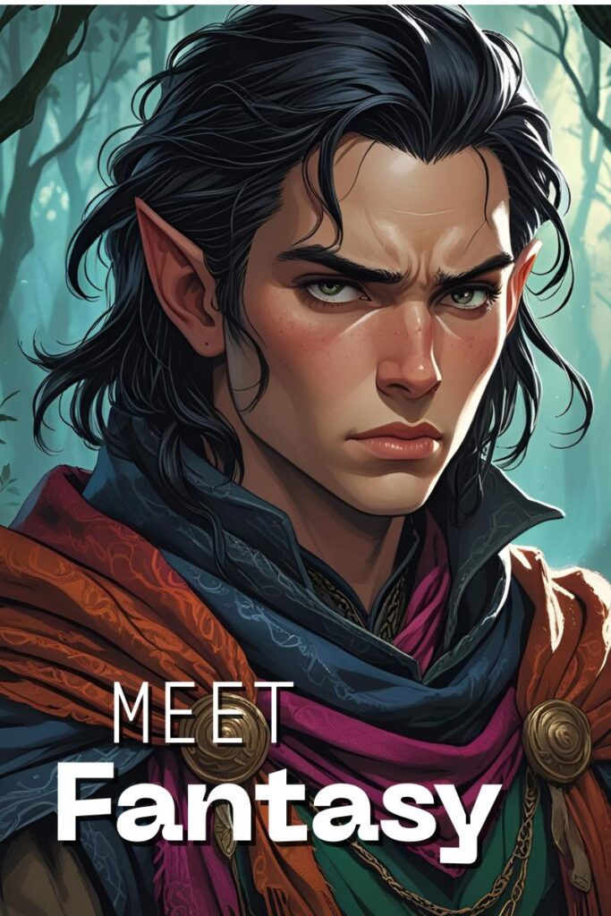 AI-generated image of a dark-haired elf as fantasy personified