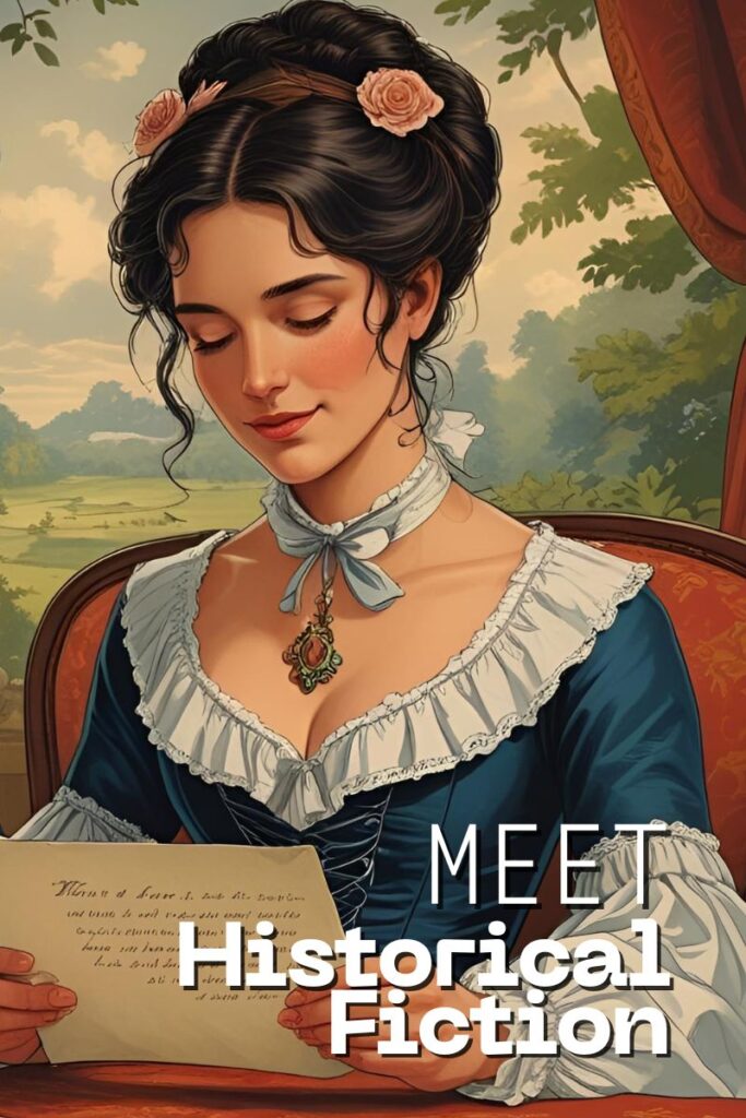 AI-generated image of a woman reading a hand-written letter as historical fiction personified