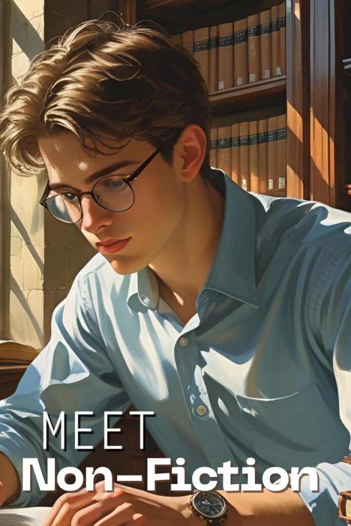 AI-generated image of a man with glasses studing in a library as non-fiction personified