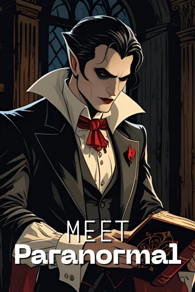 AI-generated image of a vampire man reading a book as paranormal personified