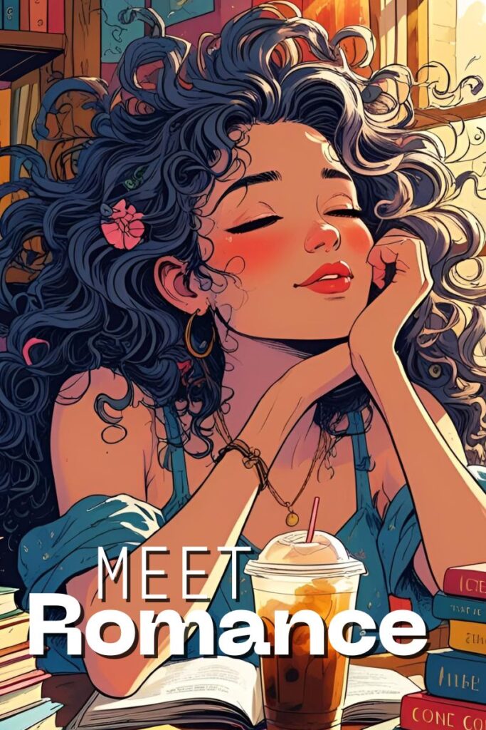 AI-generated image of curly-haired girl with coffee as romance personified
